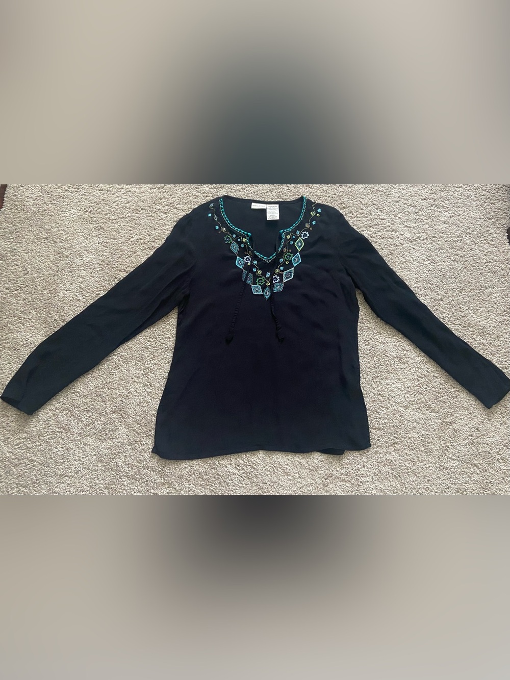 White Stag Whimsigoth Black Long Sleeve Top with Beaded Neck Size M